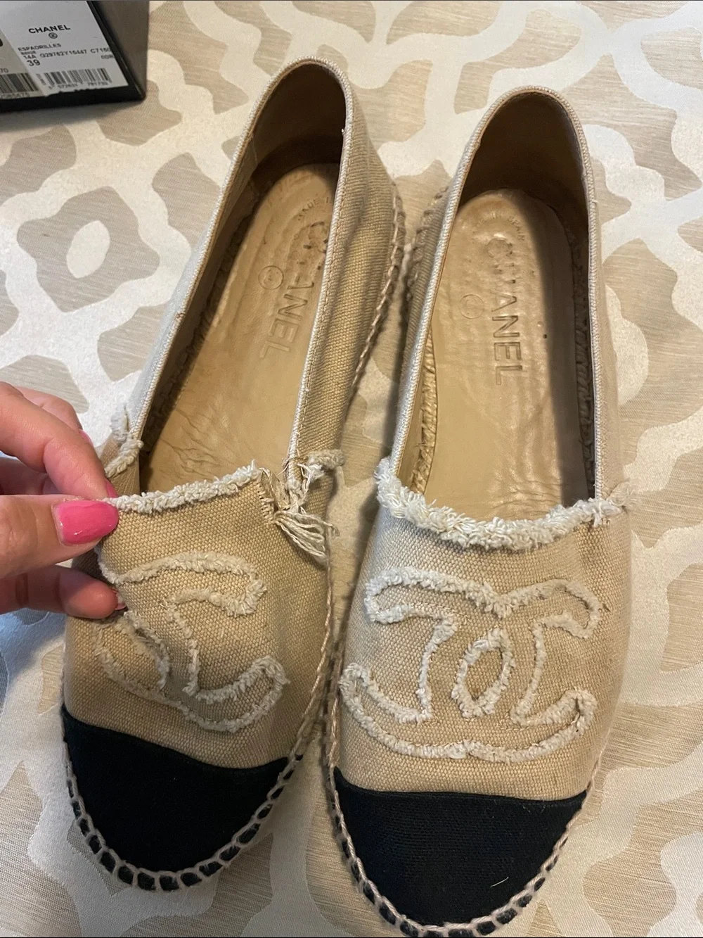 CHANEL Tan and Black Canvas Espadrille Flats AUTHENTIC